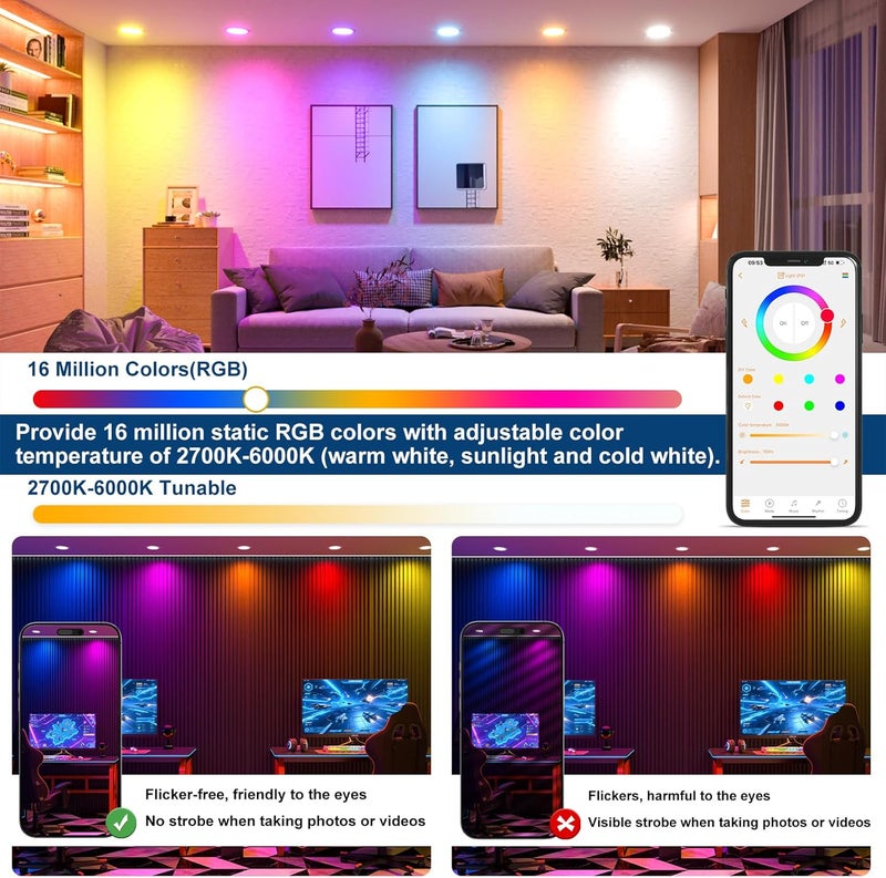 SikSog Black Smart Recessed Lighting 4 Inch RGBCW Color Changing 12W LED Downlight with Junction Box,1000 Lumen Recessed Ceiling Light Compatible with Alexa,Dimmable by Bluetooth Control -1Pack - Image 4